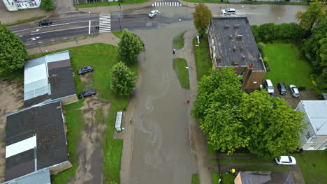 flooded street in latvia, aerial drone view