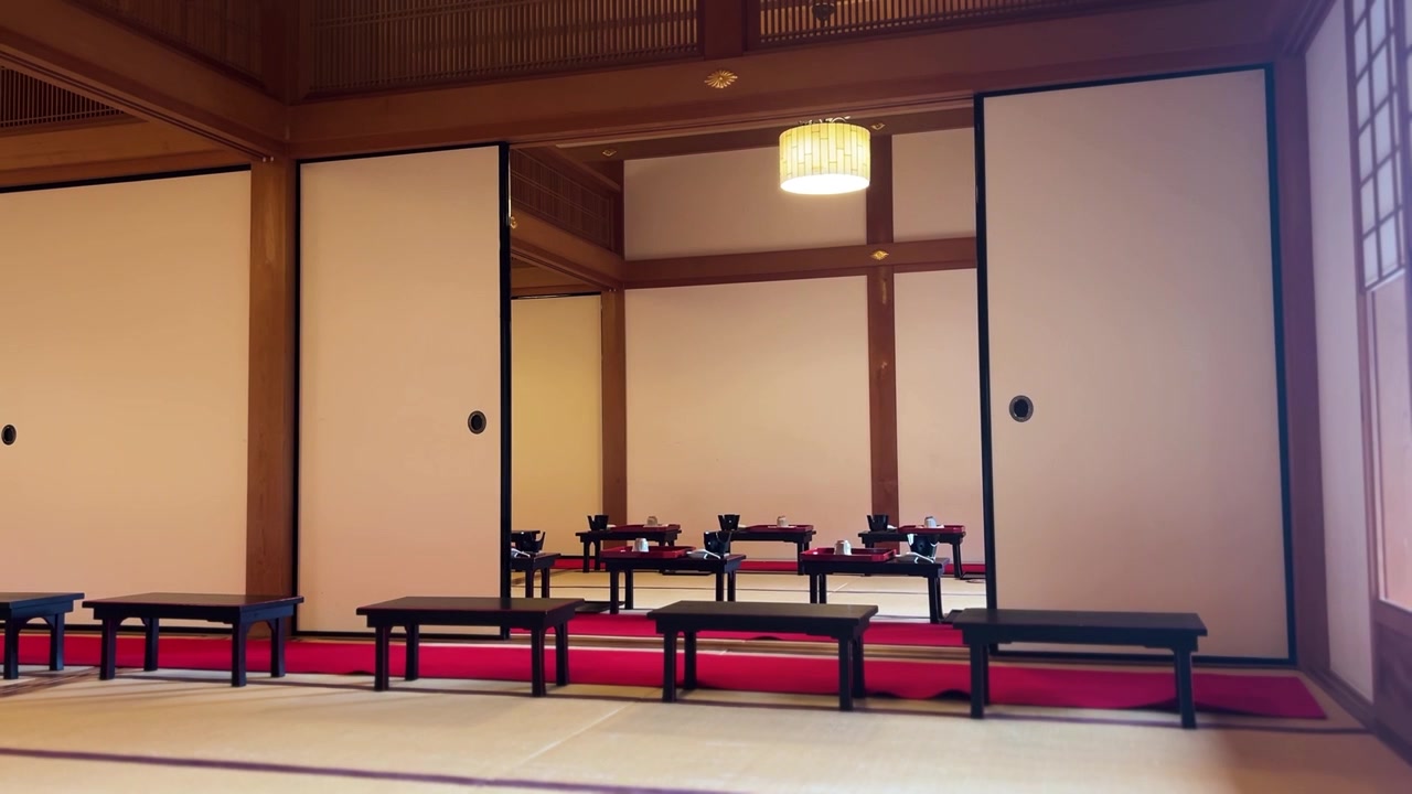 Kyoto buddhistisk tempel, fælles spiseområde med tatami-rum.