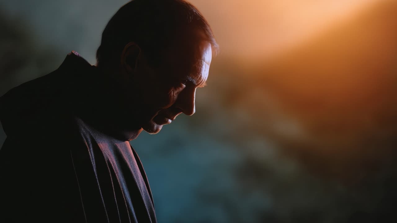 Uma figura contemplativa, envolta em vestes escuras, permanece solenemente, iluminada por uma luz suave e quente, evocando um profundo senso de introspecção e espiritualidade