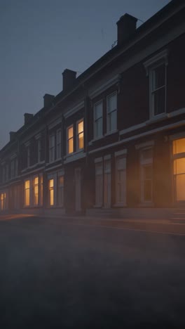soft dawn light filtering through brick house windows, casting hazy glow across misty residential street, illuminating quiet neighborhood with ethereal ambiance