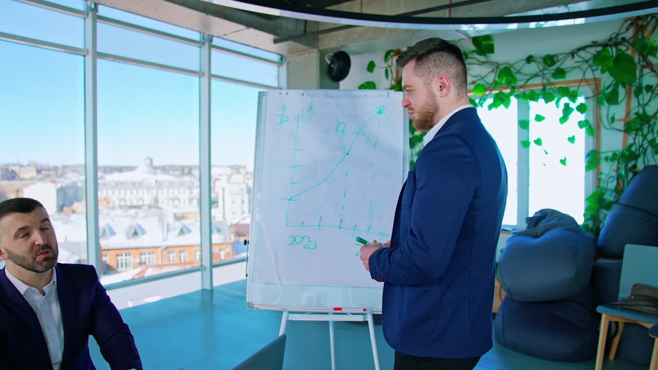 Young manager talking to his coworkers near the board. Team of business people in modern office with a city view window. Entrepreneurs work together.