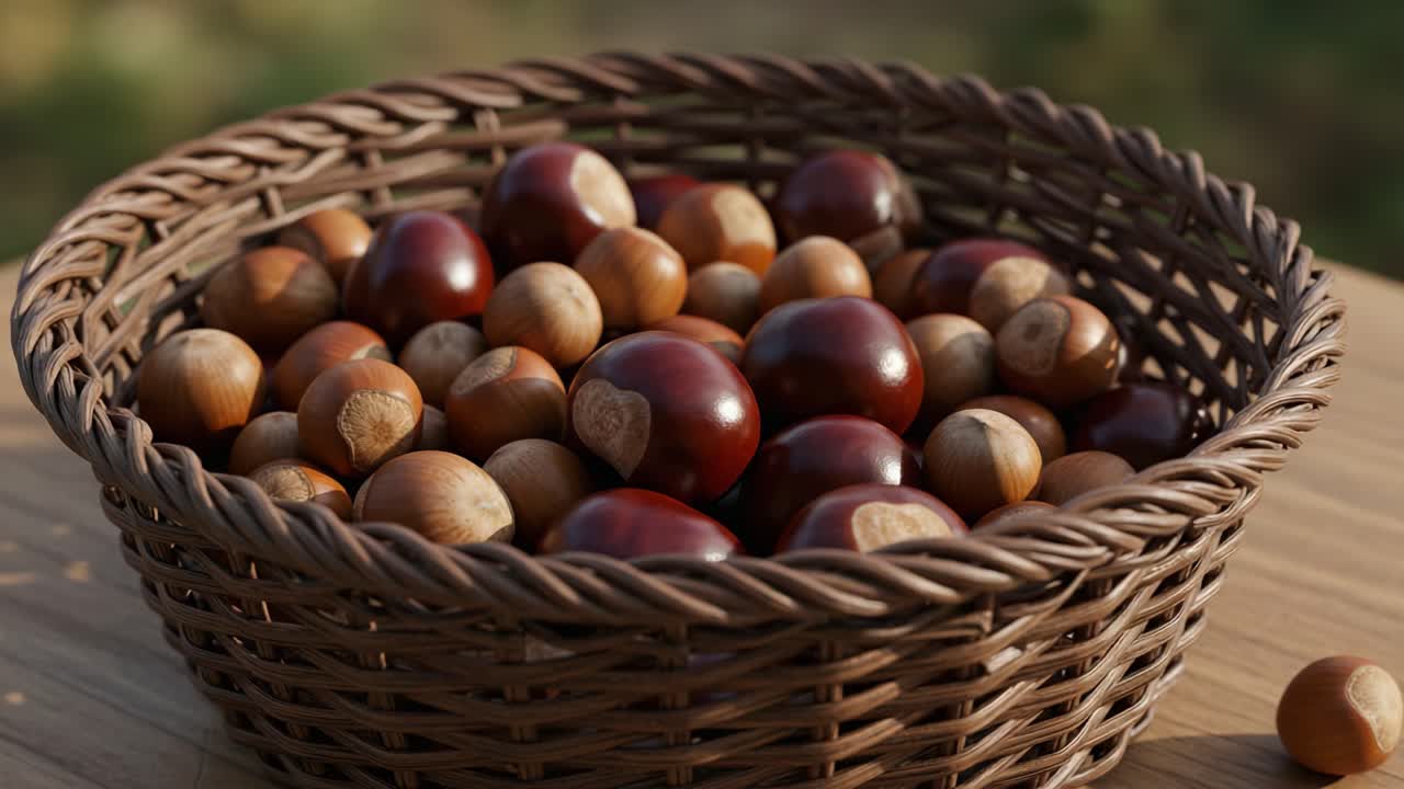 A Basket Overflowing with Glorious Chestnuts and Hazelnuts, Showcasing Nature's Bounty in a Beautiful Autumn Scene, Perfect for Harvest Celebrations and Culinary Delights