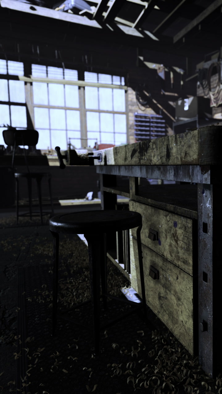 Rustic workshop filled with tools and creative energy in a shadowy setting
