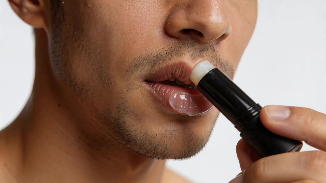 Pressing balm, male gliding black stick across lower lip in studio, bare shoulders for glossy look