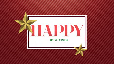 happy new year with gold stars on red striped background