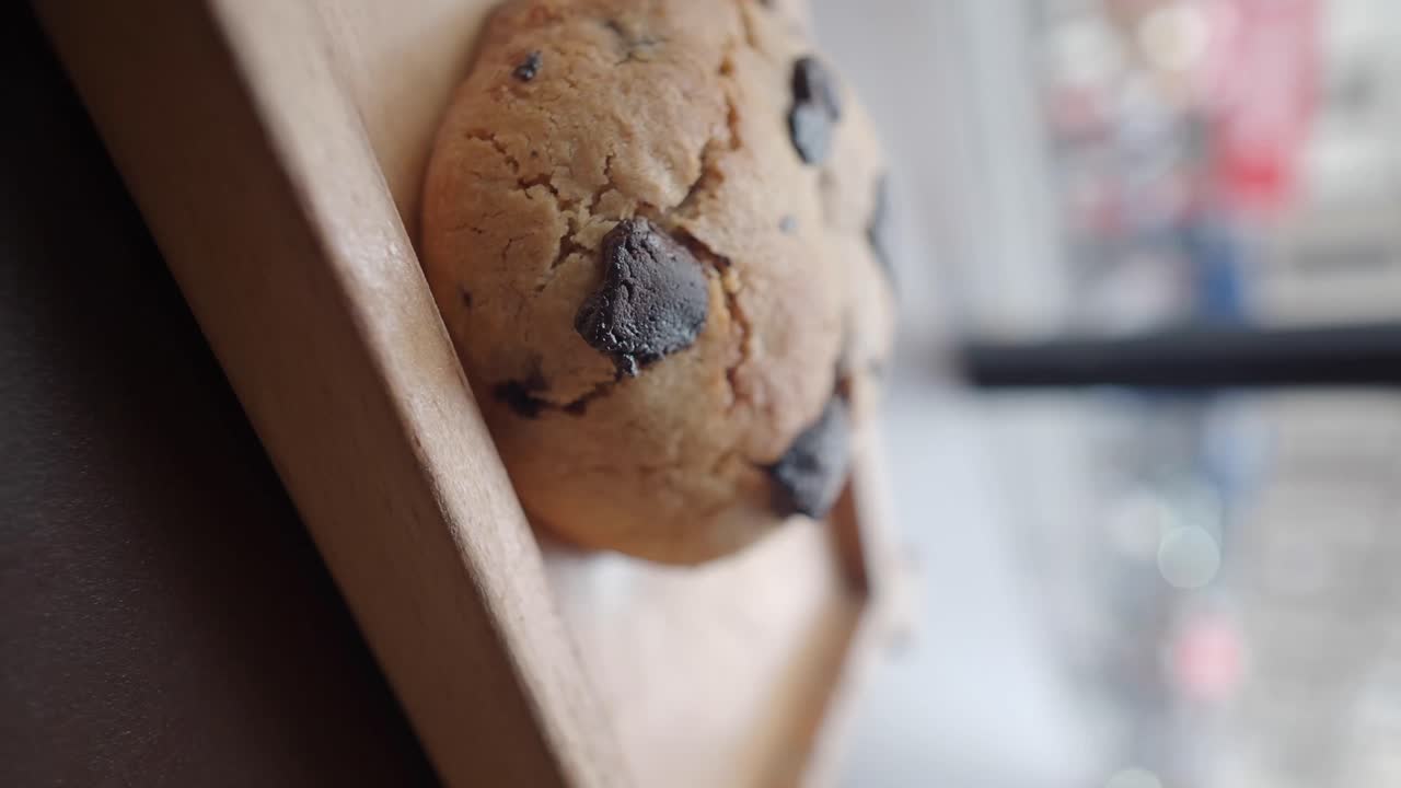Chocolate Chip Cookie on a Wooden Tray