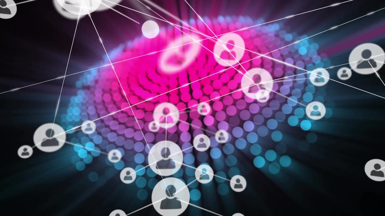 Animazioni di una rete di connessioni con icone su sfondo blu e rosa.