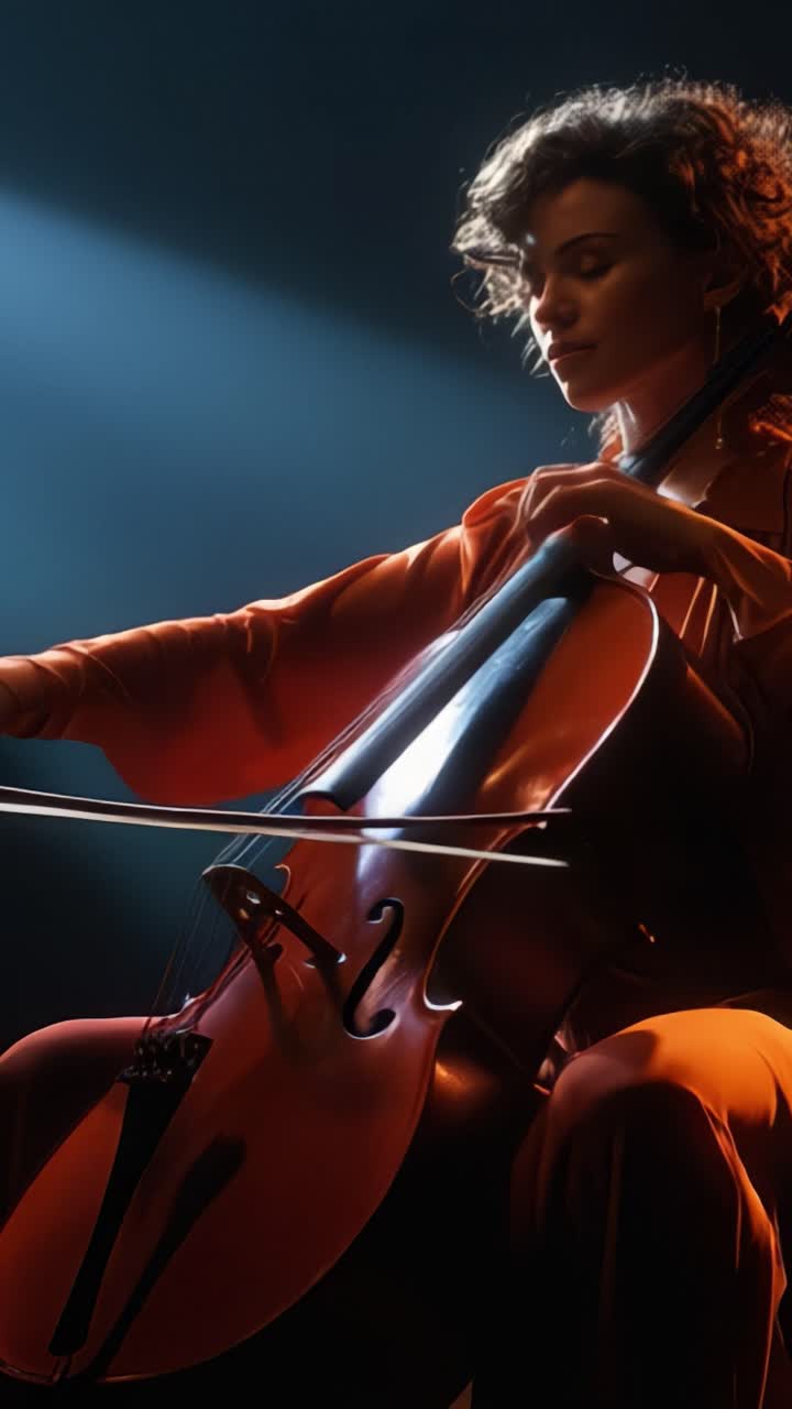Fængslende optræden: En talentfuld musiker leverer en fortryllende cellosolo midt i dramatisk belysning og en fokuseret atmosfære på scenen