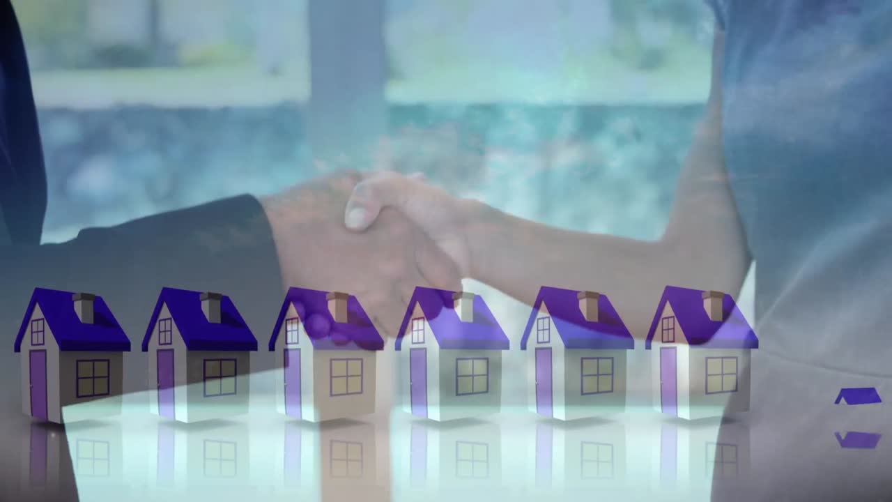 animación de iconos de la casa contra la sección media de hombre de negocios y mujer de negocios estrechando la mano