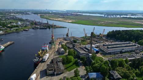 Shipyard-in-Riga,-Latvia-establishing-aerial-shot