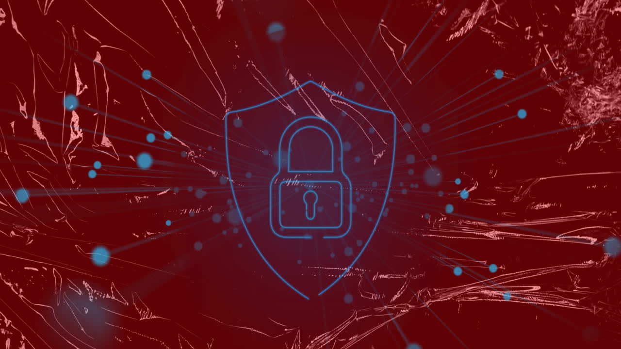 Animation of security padlock icon and blue spot against changing texture on red background