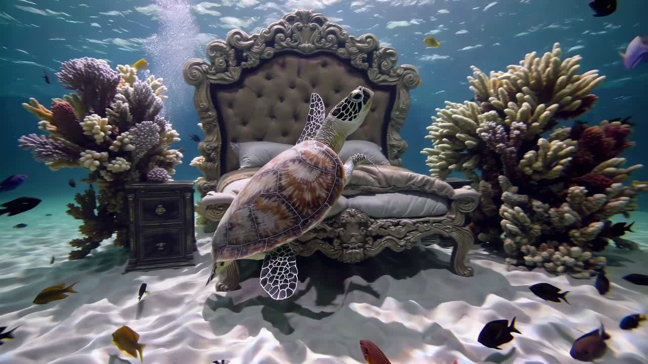 Surreal underwater dreamscape featuring a large baroque bed, a sea turtle swimming nearby, colorful corals, tropical fish, and a bedside table, creating a unique and imaginative scene