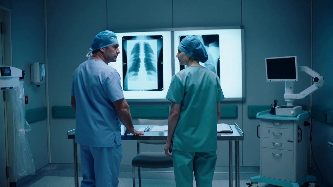Entering room two medics in scrubs examining chest X-rays at lightbox, checking papers for care