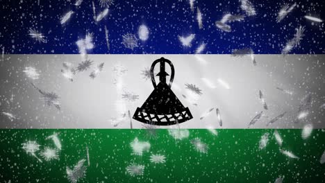 lesotho flag falling snow loopable, new year and christmas background, loop