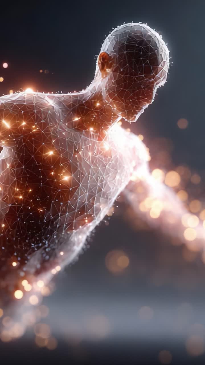 Una representación digital fascinante de una figura humana creada a partir de partículas luminosas y líneas interconectadas, que representa la fusión de arte y tecnología en movimiento.