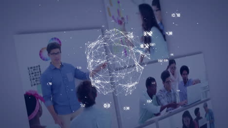 animación de números en todo el mundo a través de múltiples interfaces de diversas personas discutiendo en la oficina