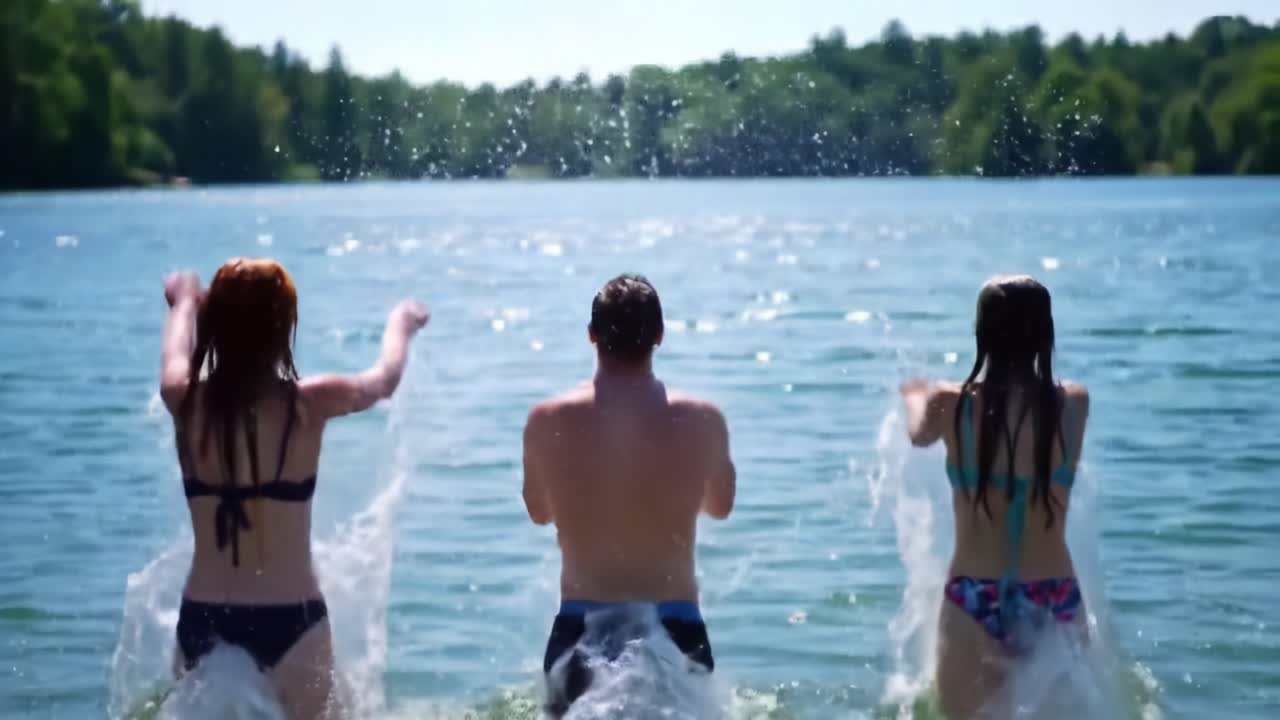 Three Friends Jumping into a Sparkling Lake on a Warm Summer Day, Embracing Fun and Excitement as They Splash into the Refreshing Waters Together