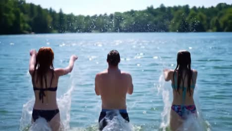 three friends jumping into a sparkling lake on a warm summer day, embracing fun and excitement as they splash into the refreshing waters together