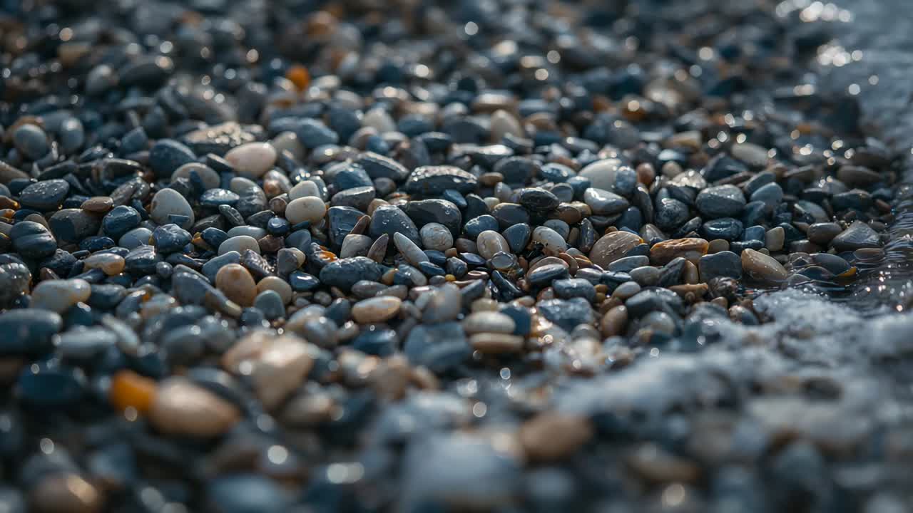 Onda fina e espumosa deslizando pela costa de seixos, respondendo à maré, seixos brilhando
