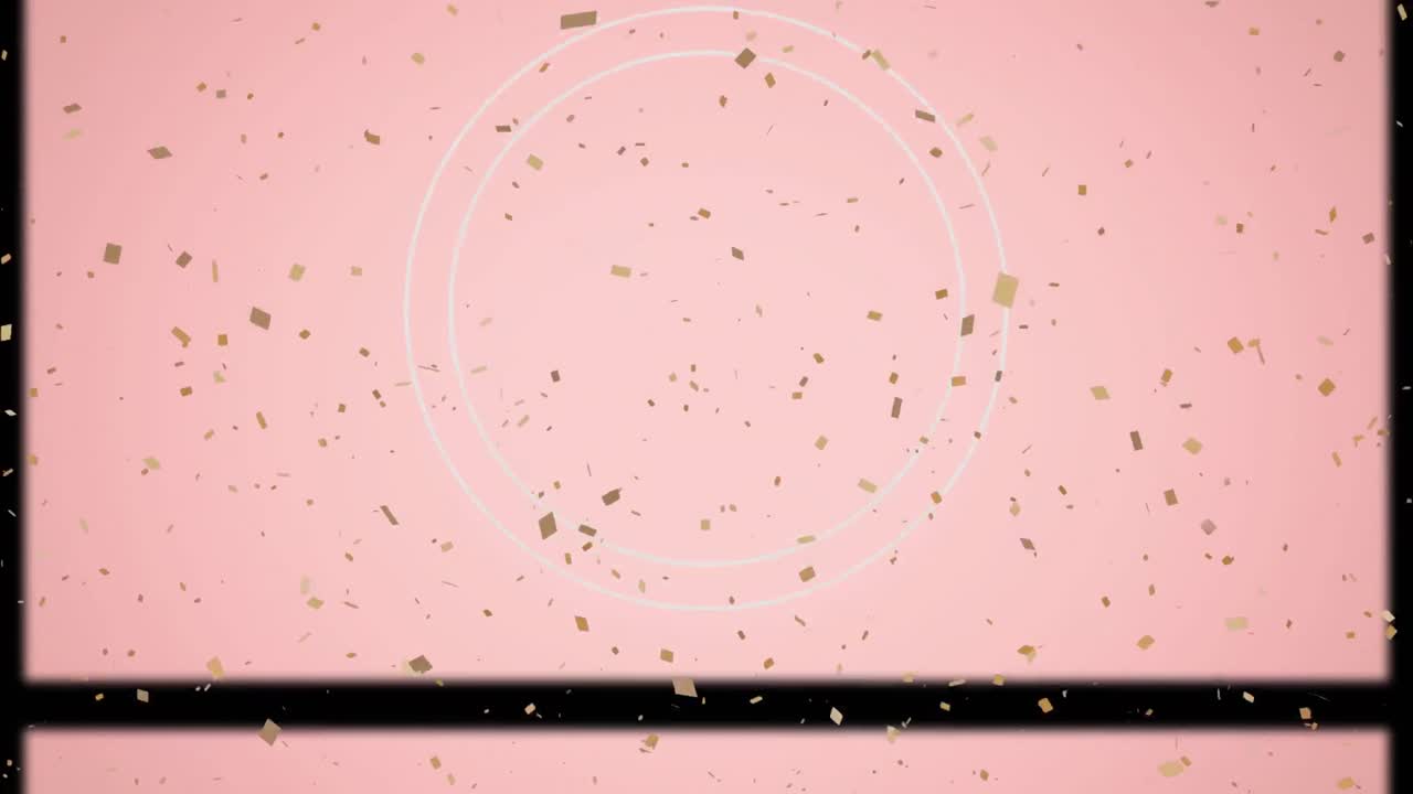 ⁇ 색 원 위에 떨어지는 콘페티의 애니메이션과 분홍색 배경에 미끄러지는 프레임