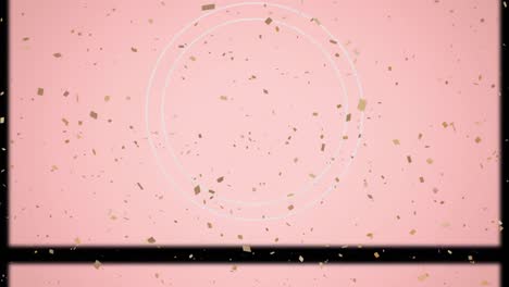 animation of confetti falling over white circles and slipping frame on pink background