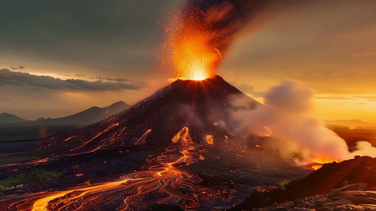 A volcano erupts with lava spewing out of it. The lava is flowing down a mountain