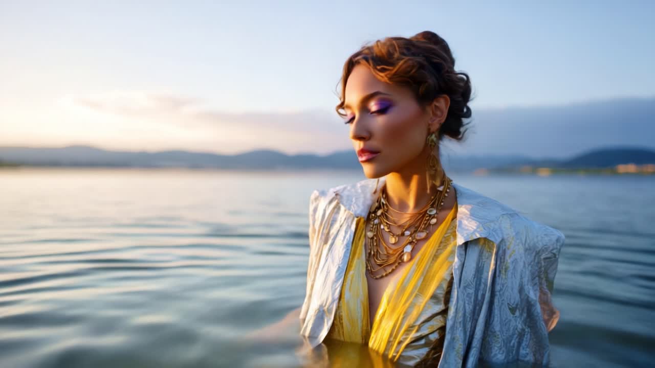 Serena belleza efervescente: un retrato de elegancia en el agua durante el amanecer con colores radiantes y accesorios delicados que capturan la esencia de la tranquilidad y la naturaleza