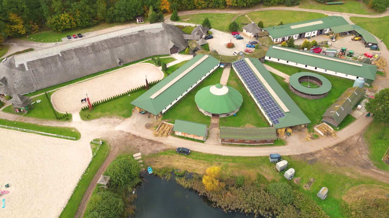 группа породистых лошадей гуляет и пасется в загоне возле конюшни