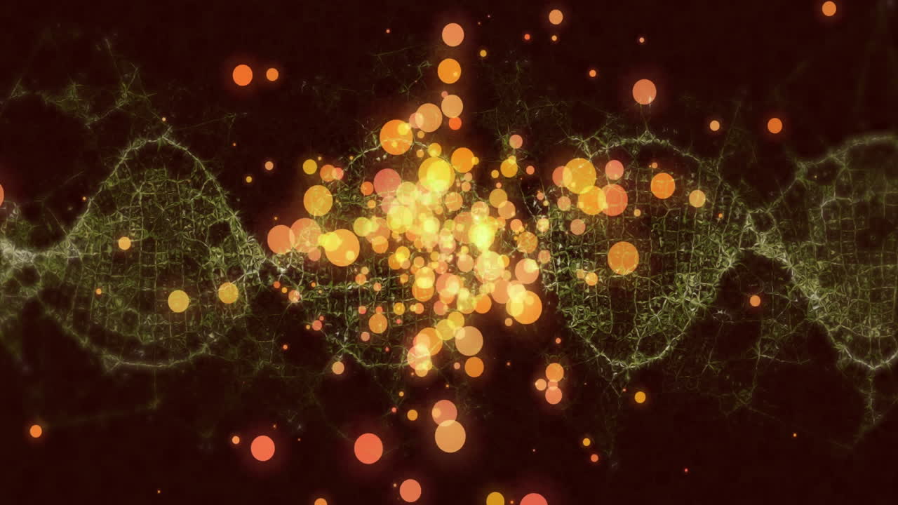 Green mesh DNA helix moving across dark brown backdrop, showing glowing orange yellow red bokeh