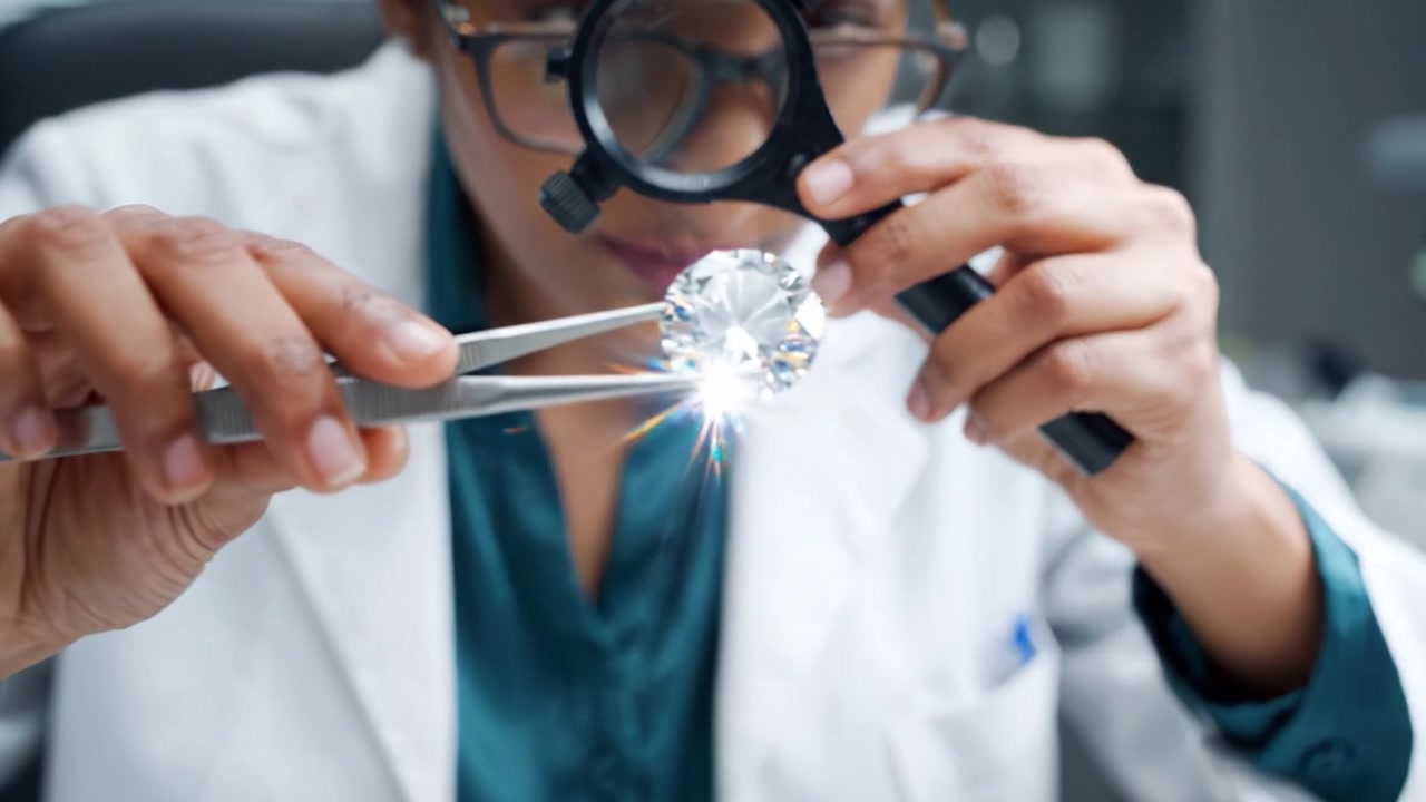 Un investigador concentrado examina una joya fina con herramientas de precisión, demostrando experiencia en control de calidad e inspección detallada de la artesanía.