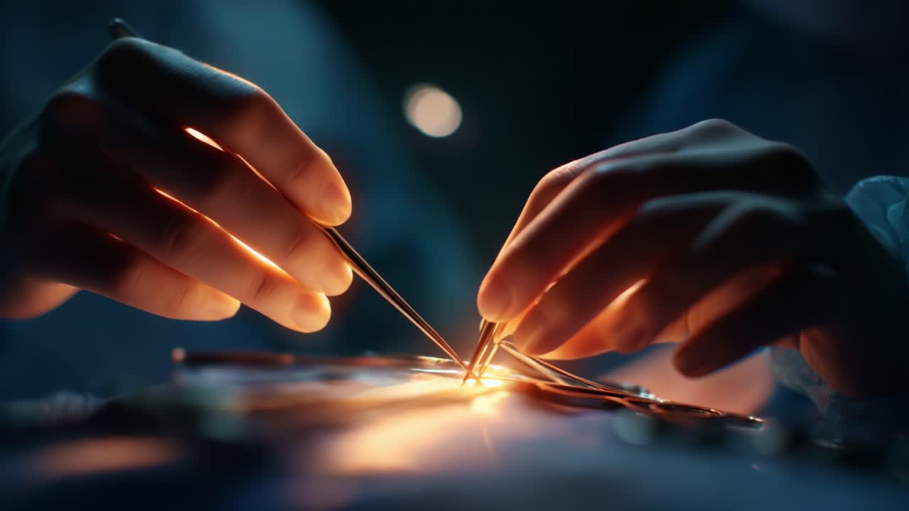 Intricate Surgical Procedure: Illuminated Focus on Precision with Expert Hands Skillfully Using Surgical Instruments to Perform a Complex Operation in a Sterile Environment