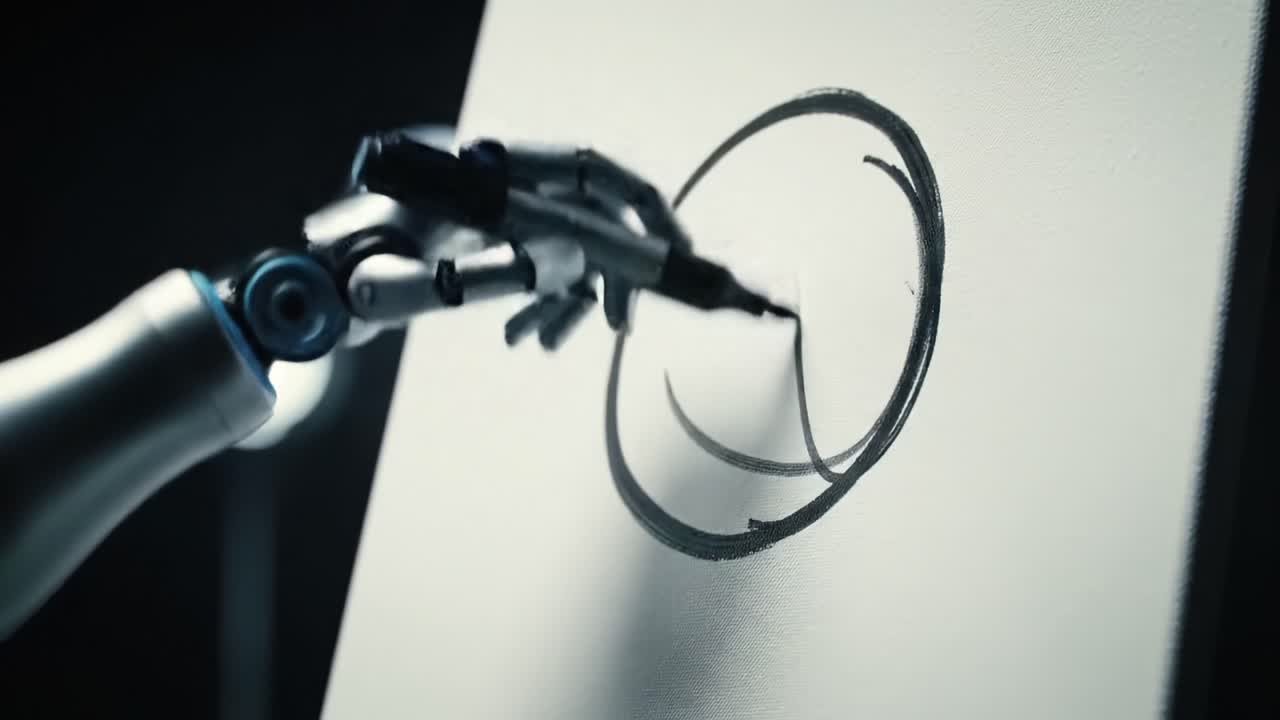 A Robotic Hand Skilfully Draws on Canvas, Capturing the Fusion of Technology and Art in a Mesmerizing Creative Process