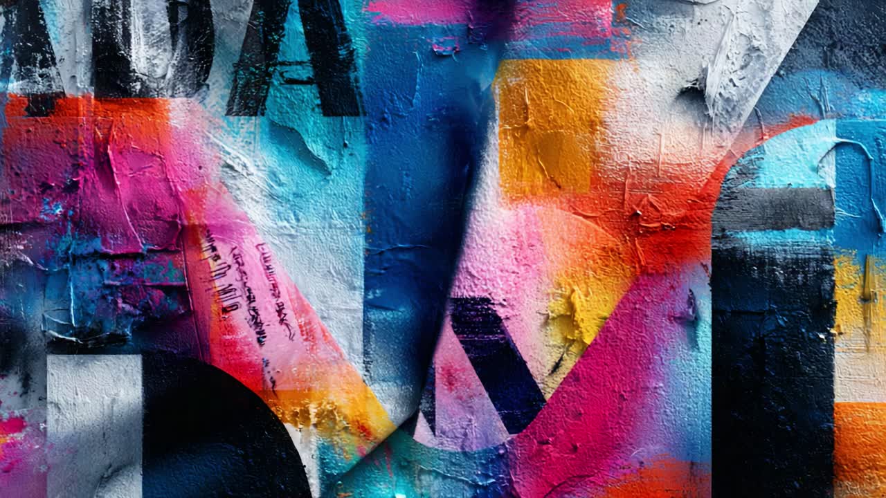 Et levende udtryk for urban kunst med stærke farver og dynamiske former, der viser en abstrakt blanding af teksturer og bogstaver, som fanger øjet og inspirerer til kreativitet.