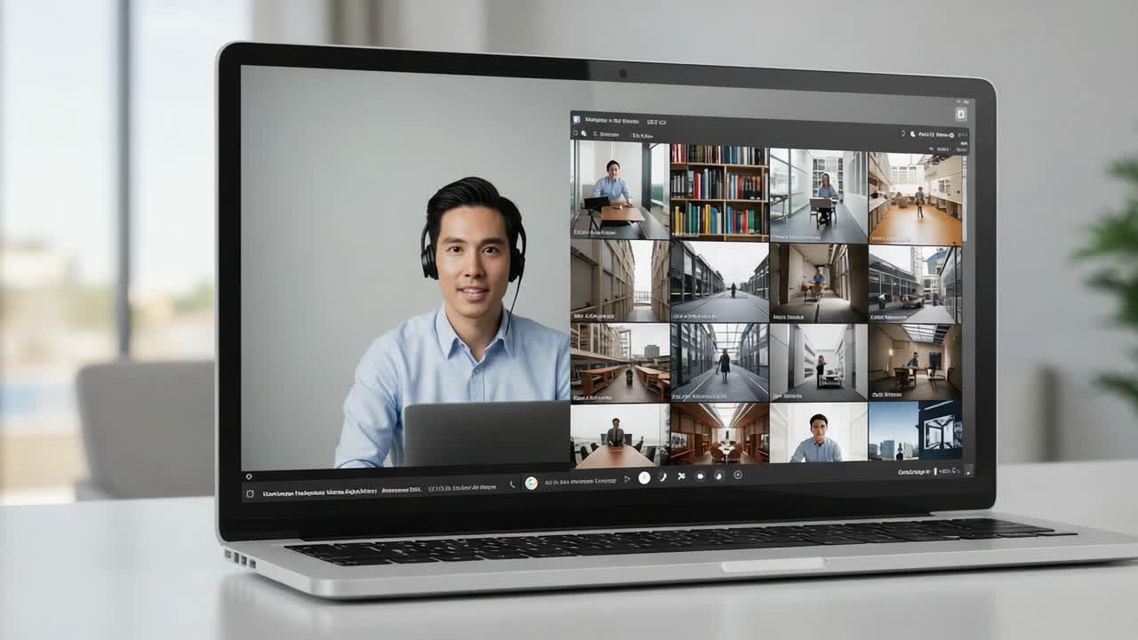 A Virtual Meeting Setting Featuring a Young Man in Headphones, Engaging with Various Images on a Laptop Screen, Highlighting Remote Collaboration and Technology Use