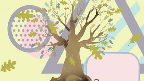 animación de ilustración de hojas de roble verdes soplando pasado árbol sobre formas geométricas en amarillo