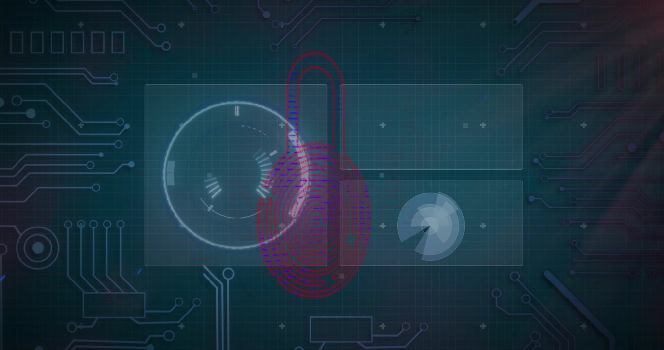 Animation of red fingerprint over scanners, graph and data processing, on dark interface