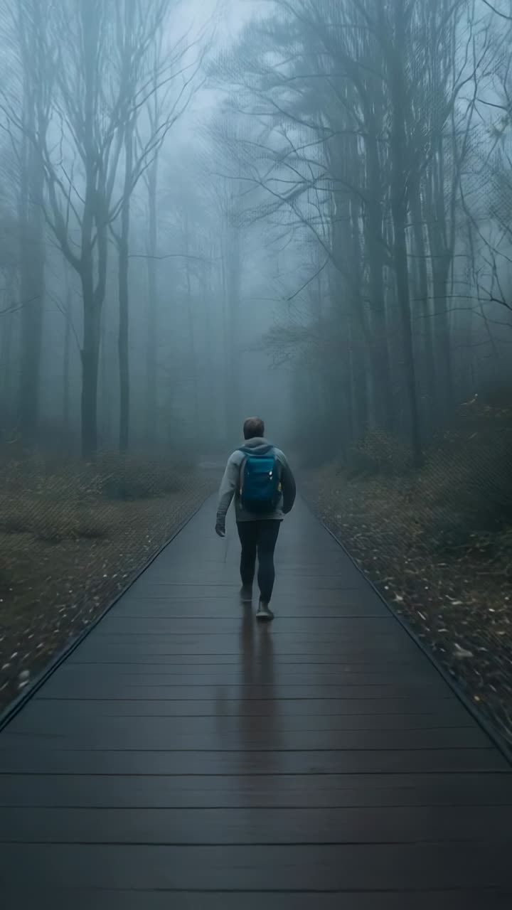 Vertical video: Walking man in beanie taking step along boardwalk toward fog with teal backpack