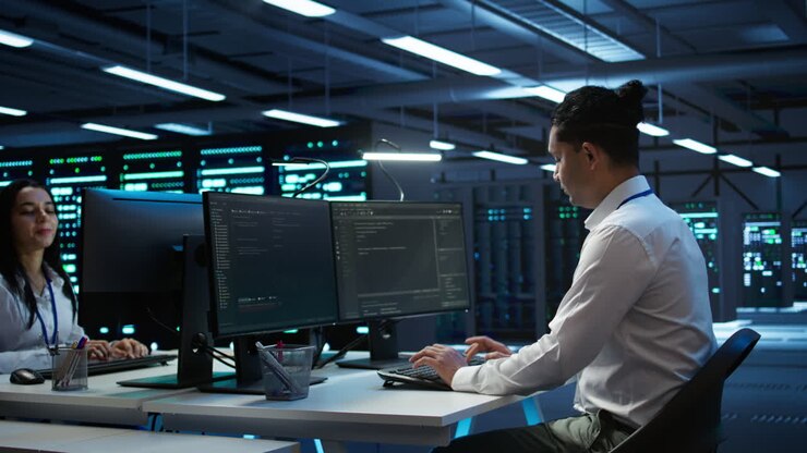 Man in server room tracking network traffic