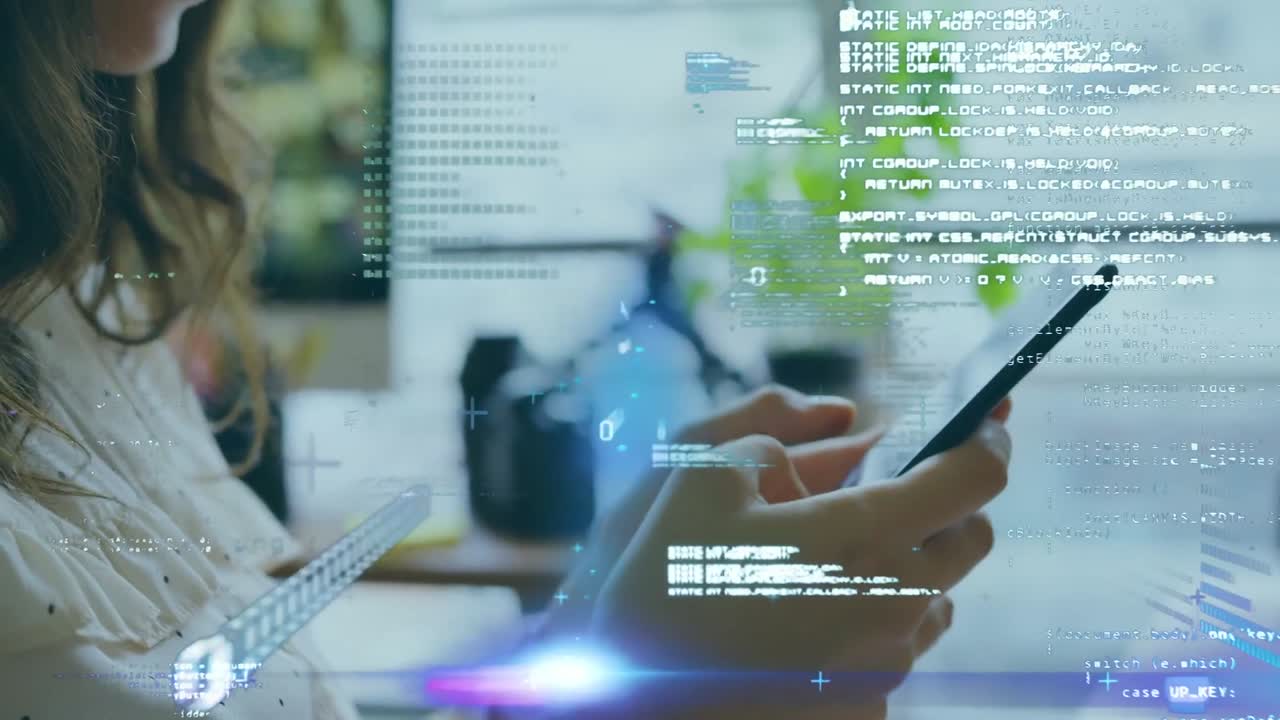 Animation of data processing over caucasian woman using smartphone