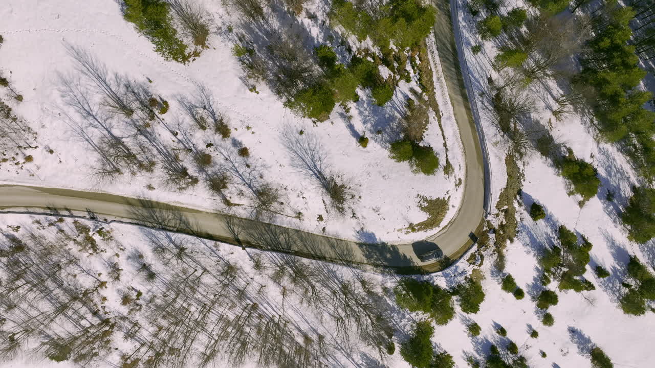 Aerial View of a Winding Road in a Snowy Forest