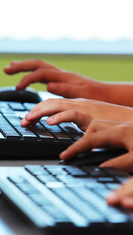 schoolgirls using computer in classroom