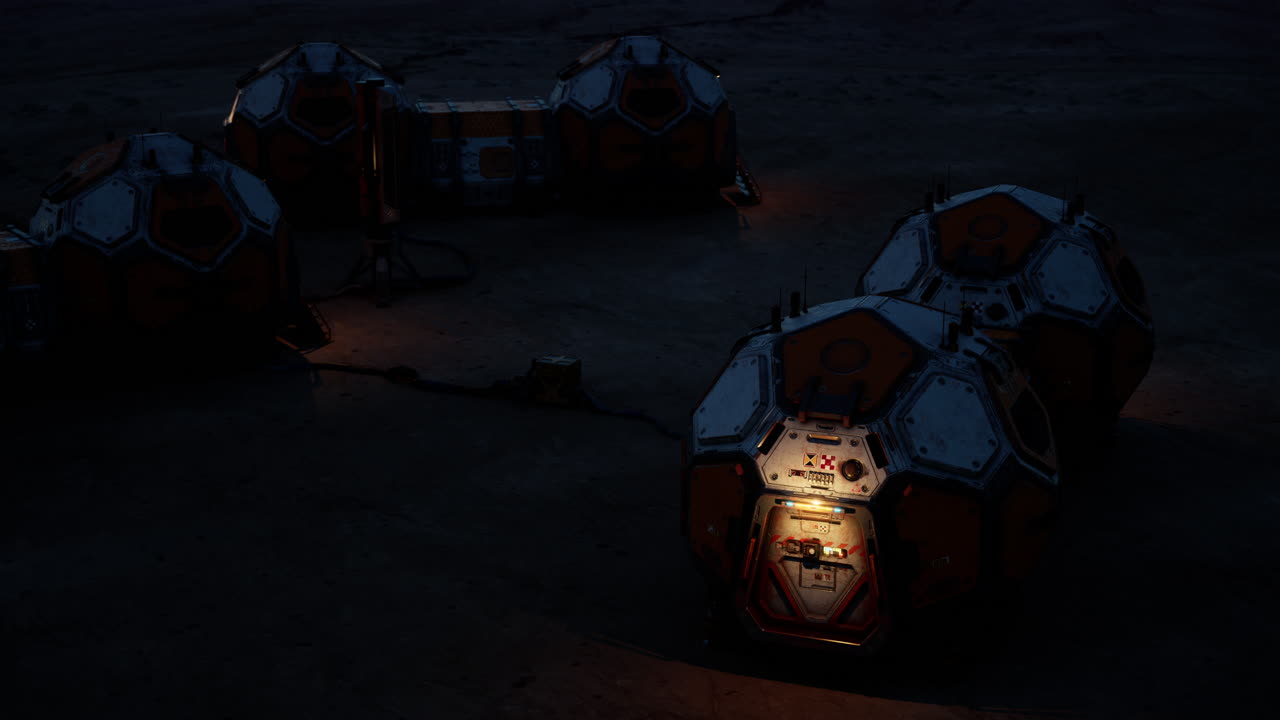 Nighttime mars colony exploration with lit habitats