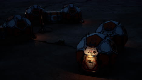 nighttime mars colony exploration with lit habitats