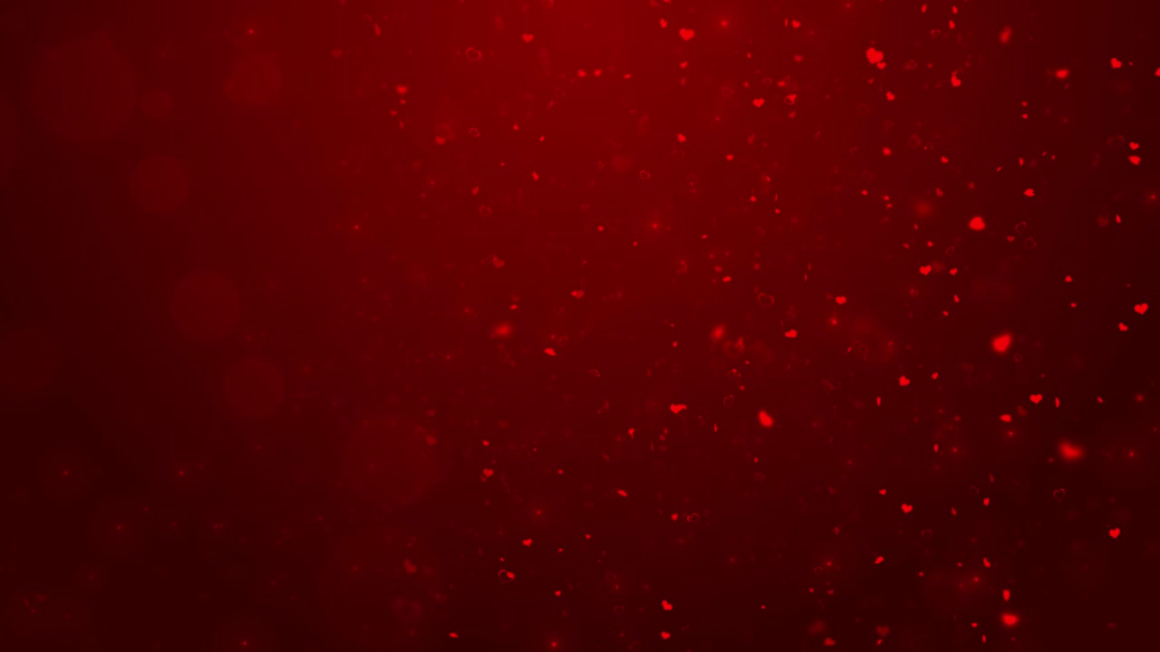Effetto visivo in movimento con particelle a forma di cuore cremisi, piccoli simboli d'amore luminosi, sfocatura delicata e rosso romantico