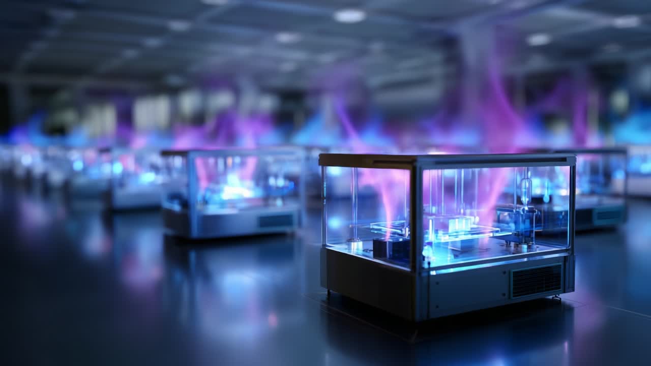 Illuminated Technology: Captivating Showcase of Gleaming Glass-Encased Machines Emitting Vibrant Energy Streams in an Industrial Space, Capturing the Futuristic Essence of Innovation and Progress