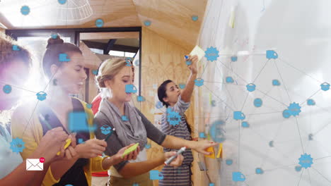 Brainstorming-network-connections-animation,-women-collaborating-on-whiteboard