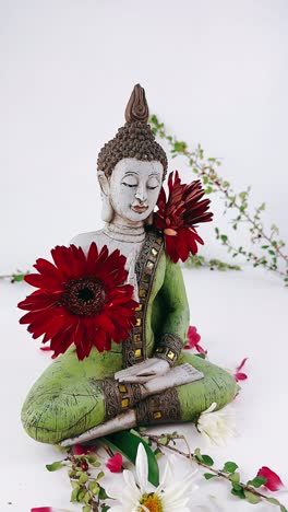 buddha statue with red and white flowers