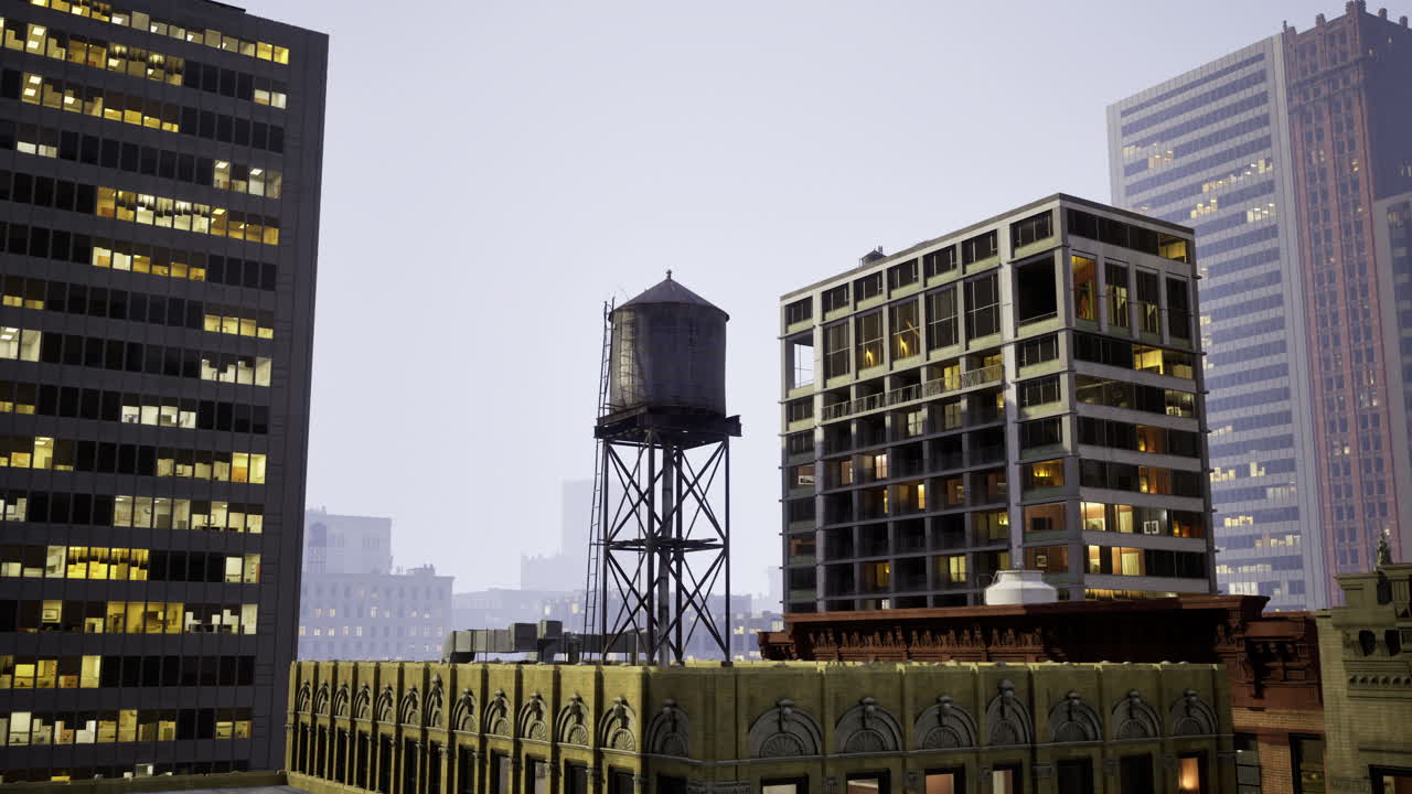 horizonte de la ciudad al anochecer con la torre de agua