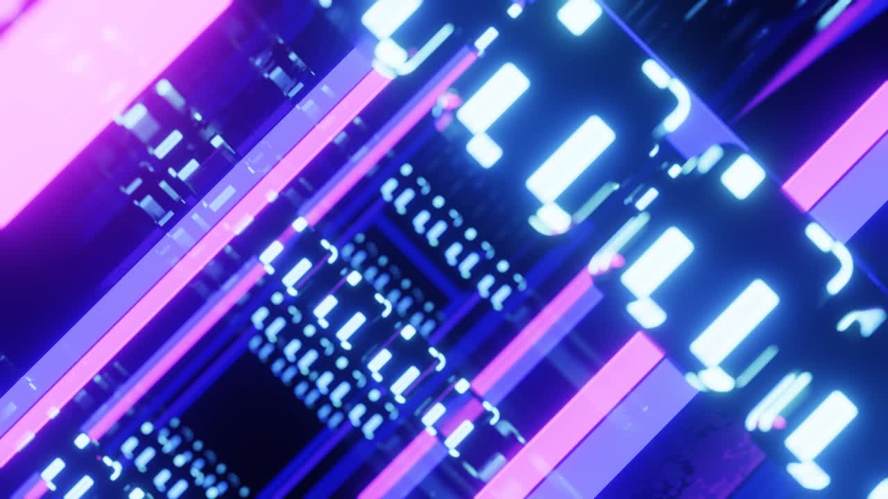 volar a través de diseños de espejo forman tecnología de túnel ciberespacio con brillo de neón. vuelo de ciencia ficción a través de la complejidad del diseño. luz de neón 3d en bucle sin costuras 4k fondo brillante.