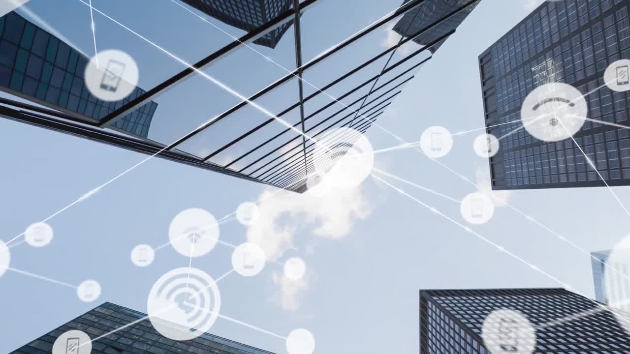 높은 건물의 낮은 각도 뷰에 대한 디지털 아이콘 네트워크의 애니메이션